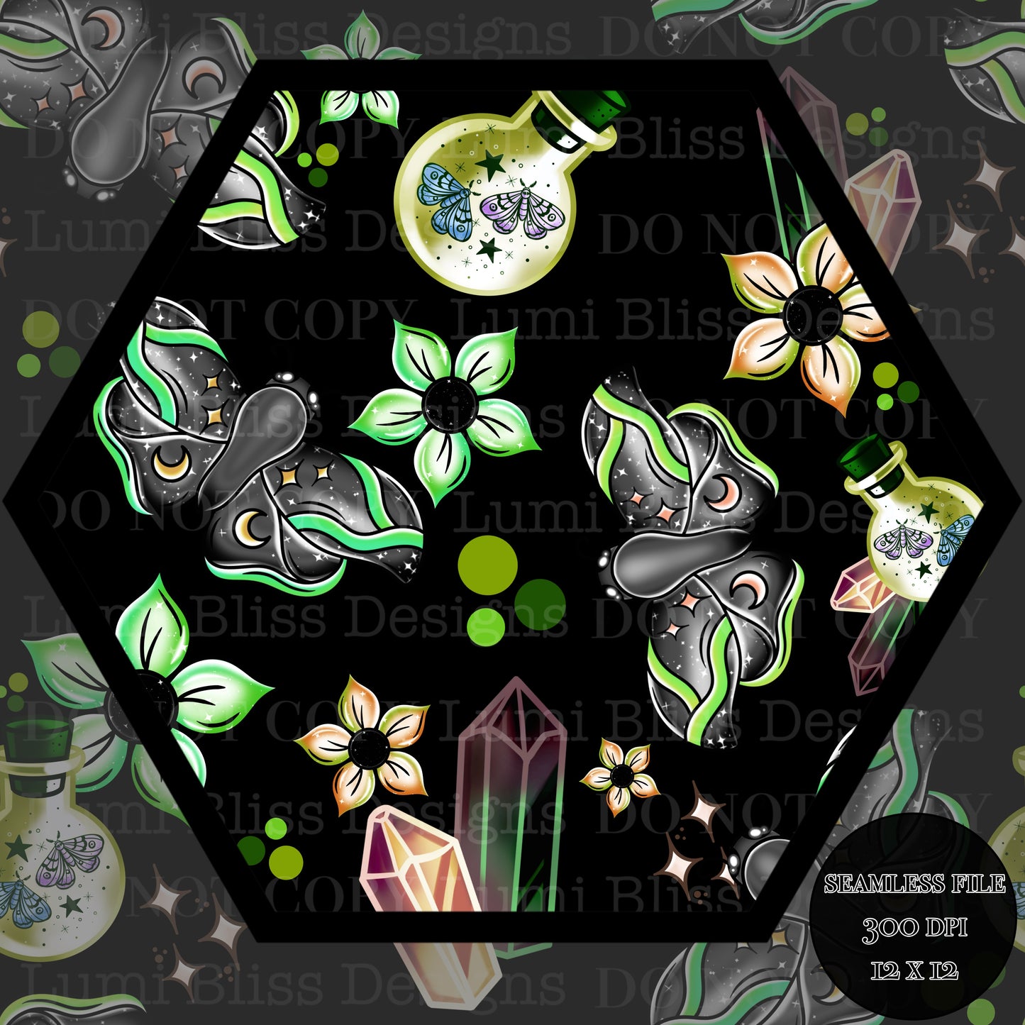 Magical Moths Green Seamless