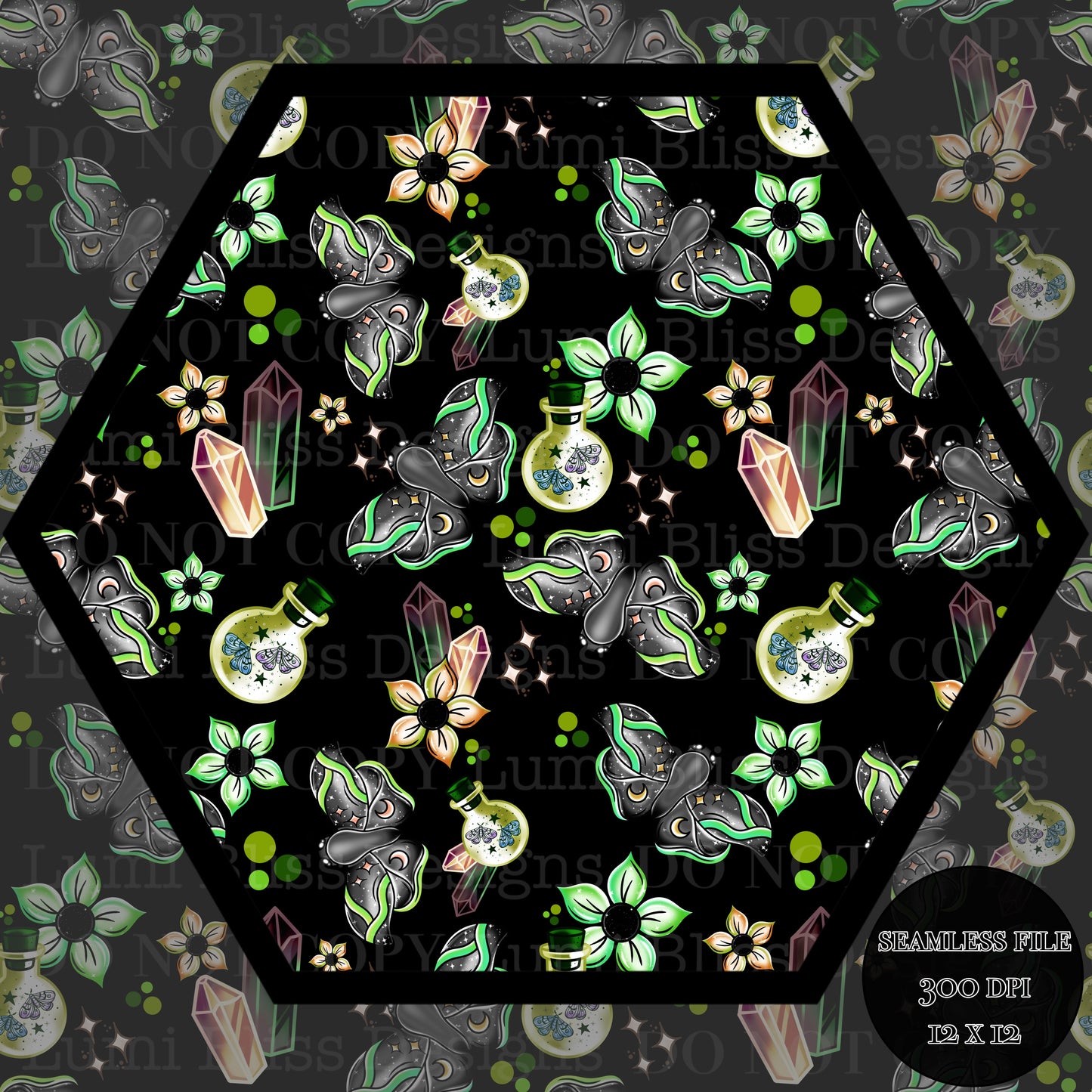 Magical Moths Green Seamless
