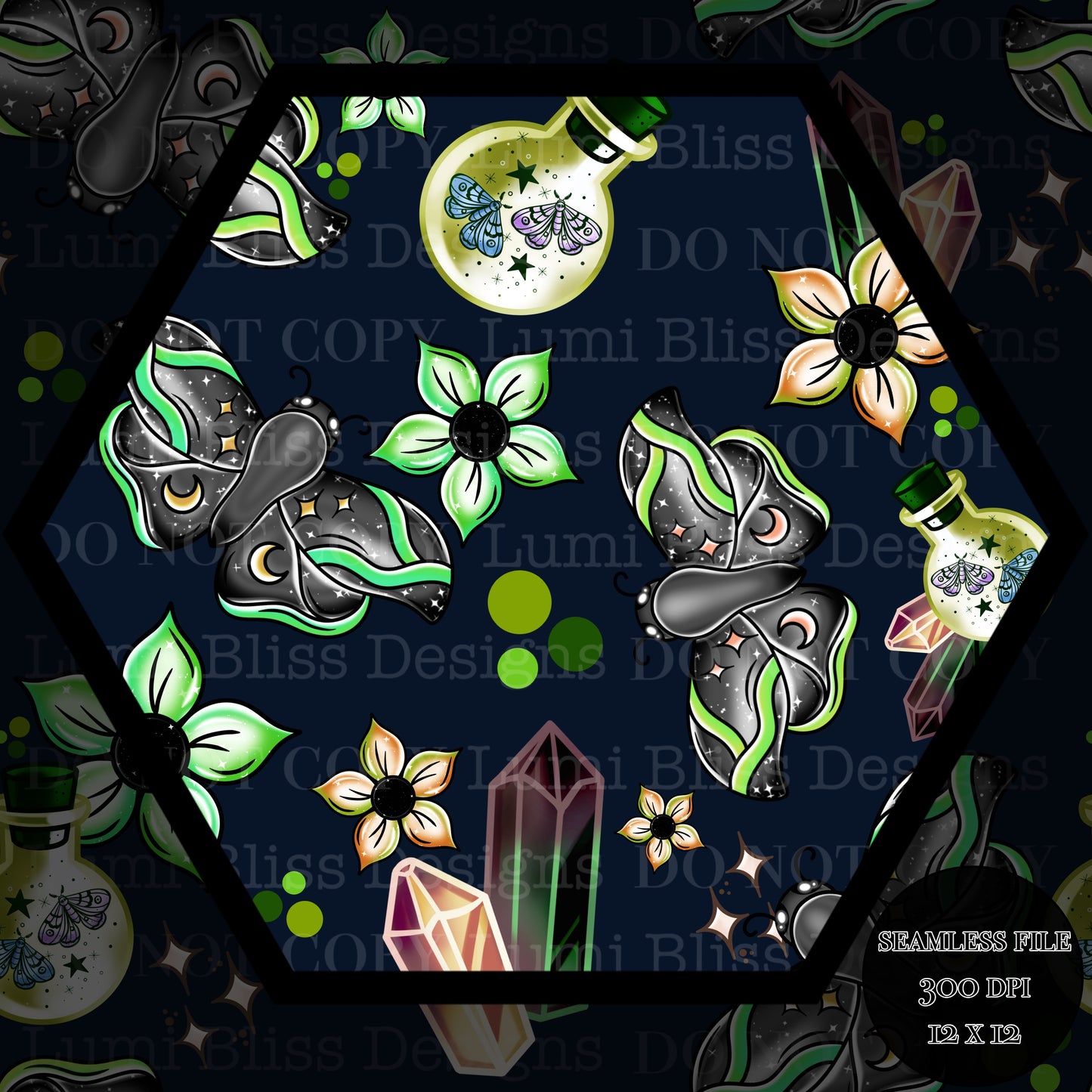 Magical Moths Green Seamless