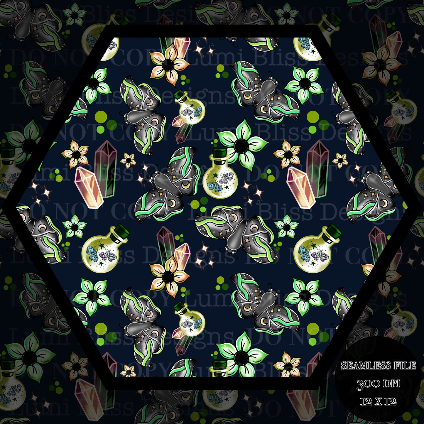 Magical Moths Green Seamless
