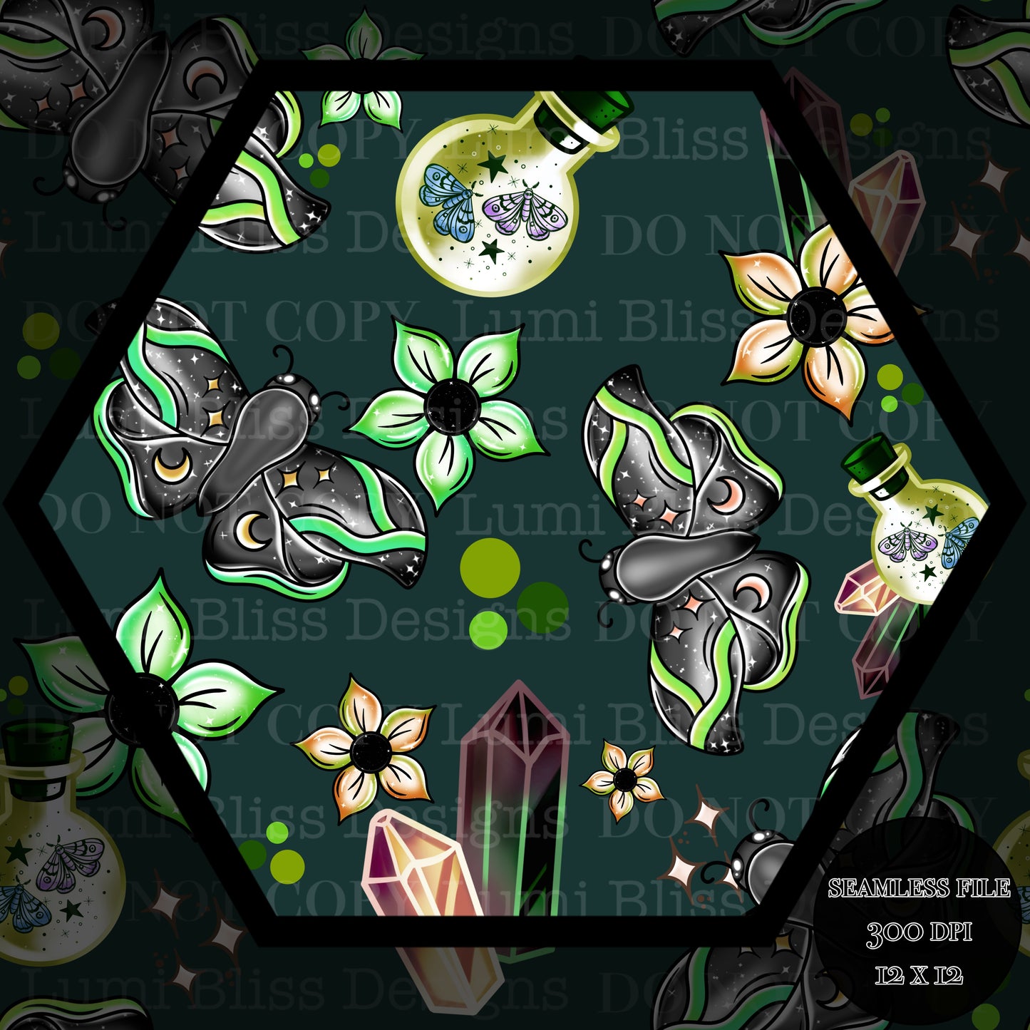 Magical Moths Green Seamless
