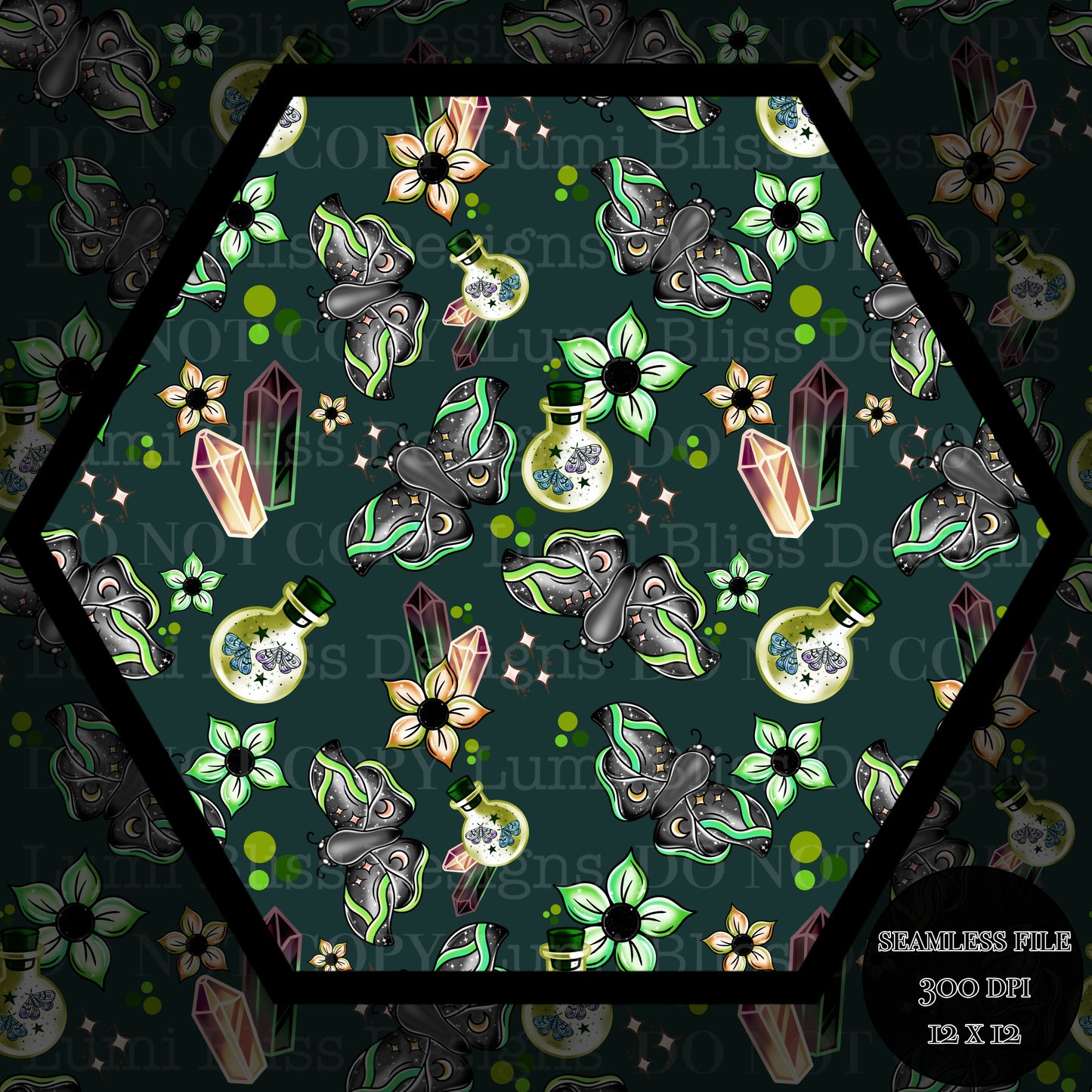 Magical Moths Green Seamless
