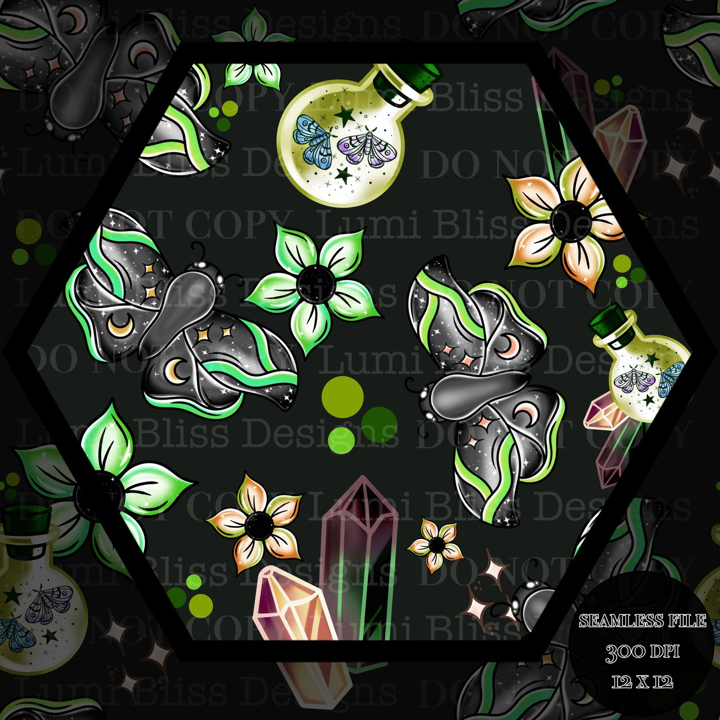 Magical Moths Green Seamless