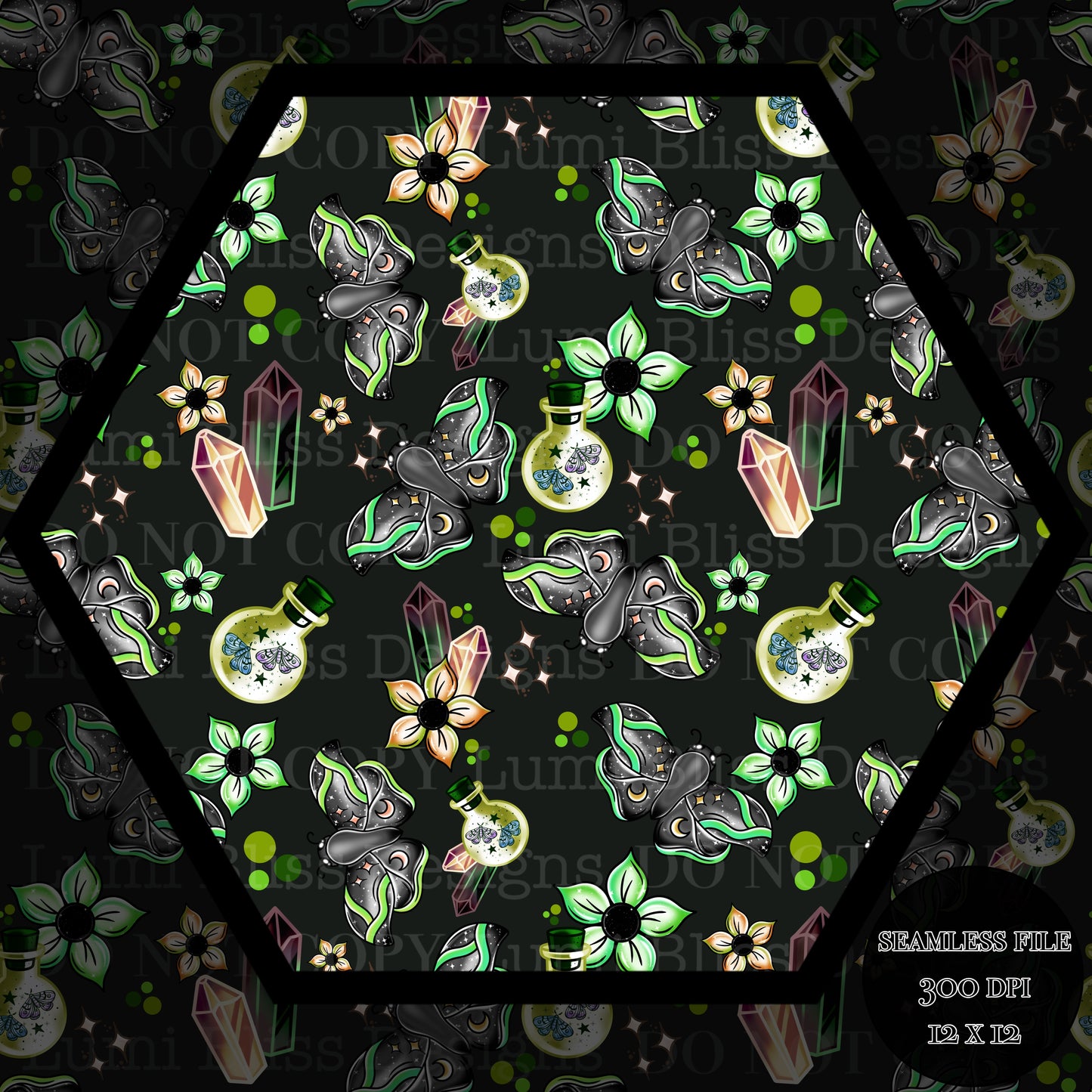 Magical Moths Green Seamless