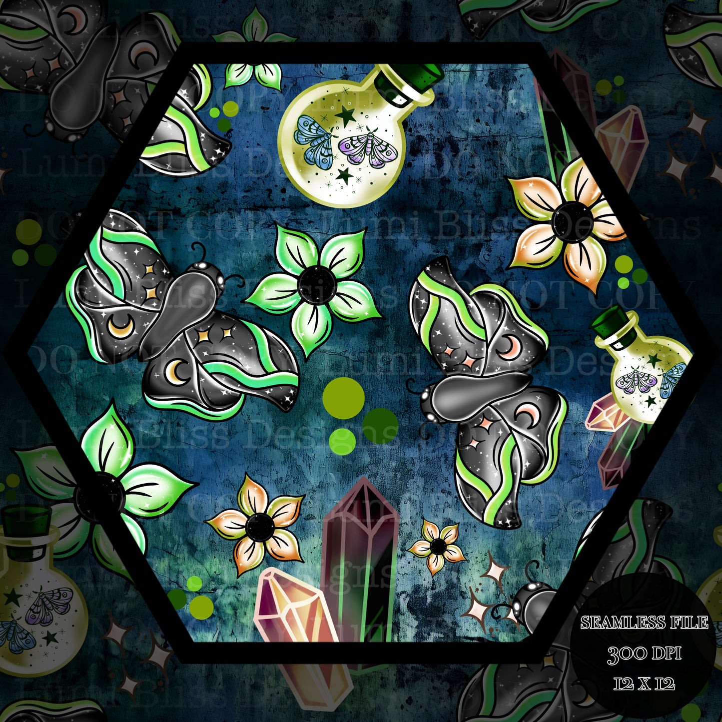 Magical Moths Green Seamless