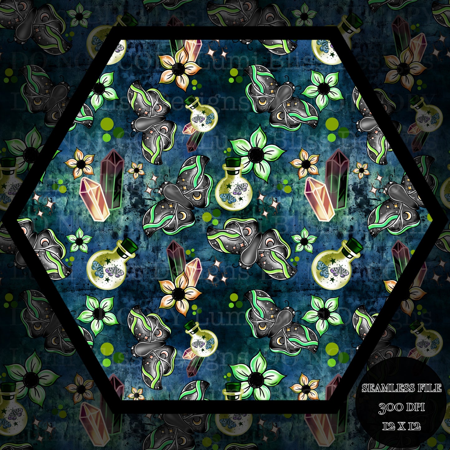 Magical Moths Green Seamless