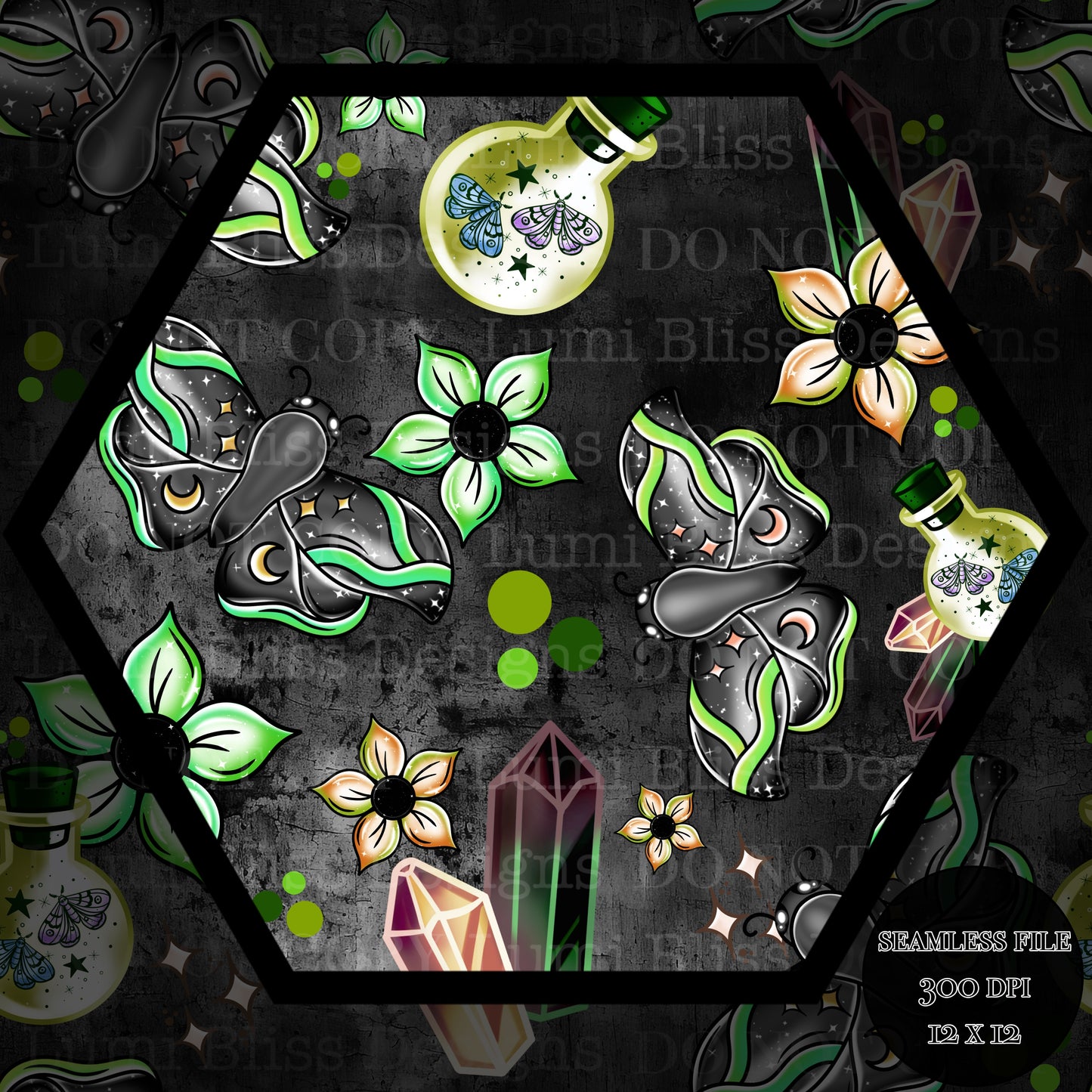 Magical Moths Green Seamless