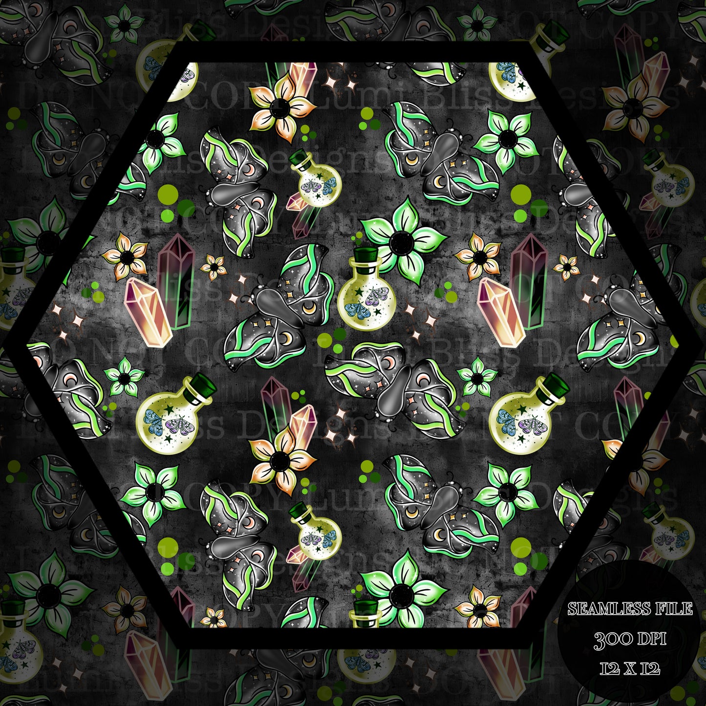 Magical Moths Green Seamless