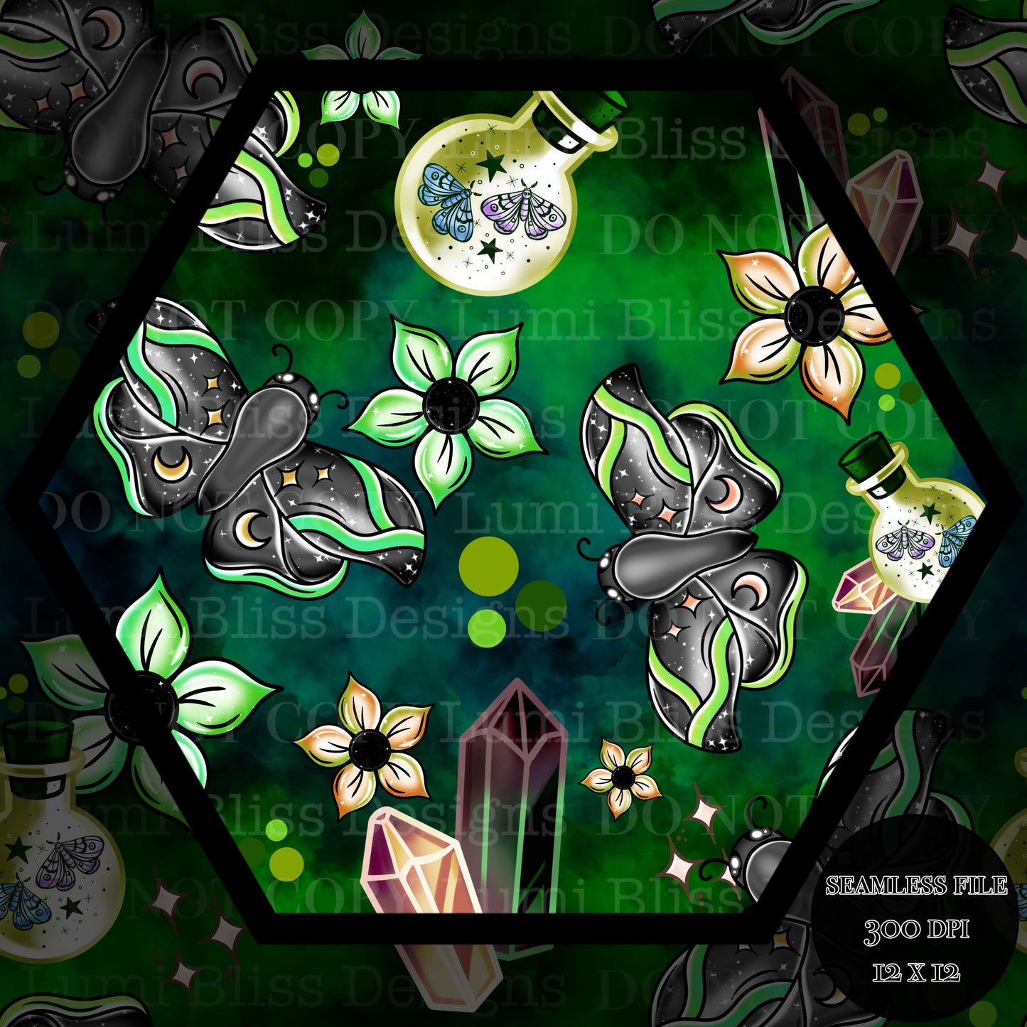Magical Moths Green Seamless