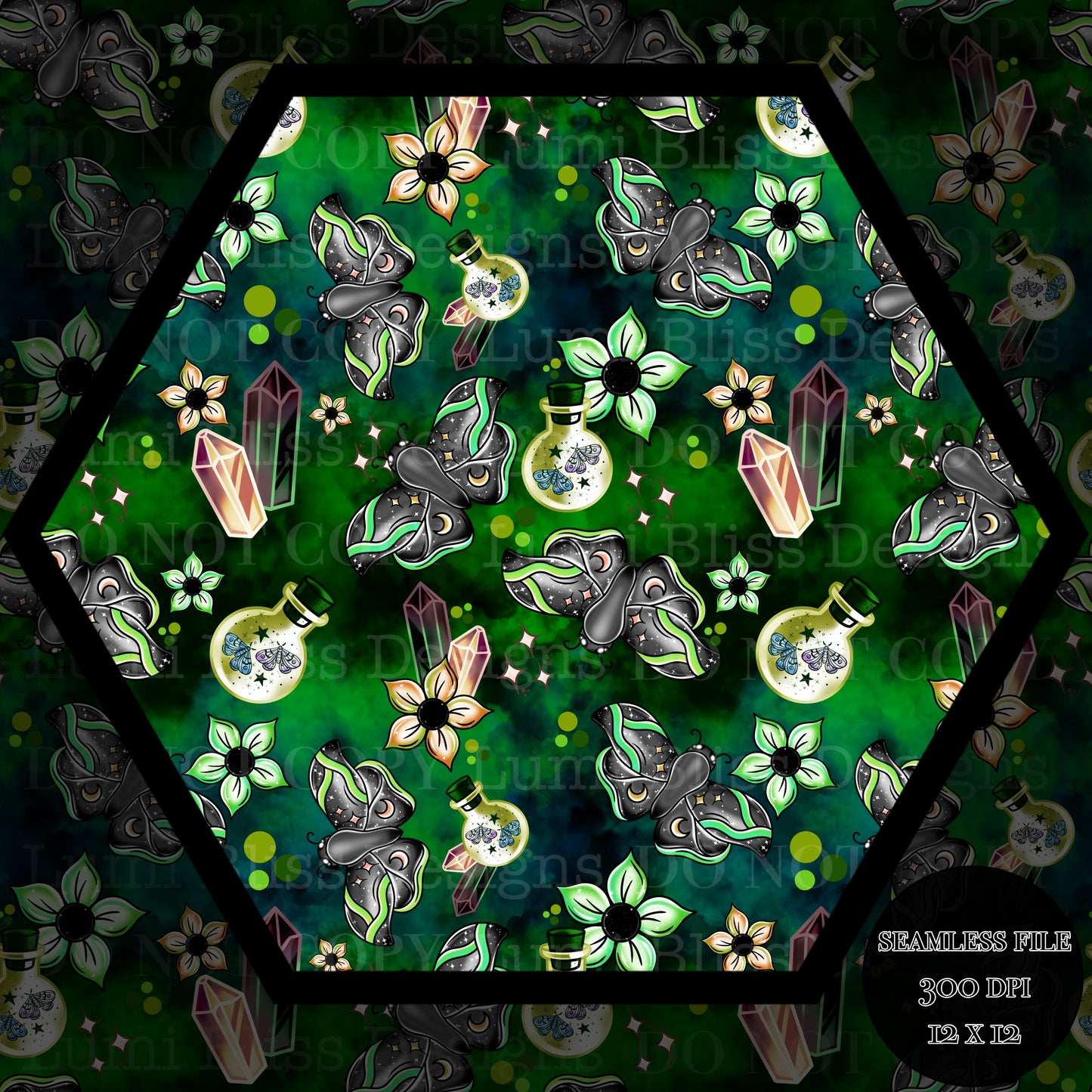 Magical Moths Green Seamless