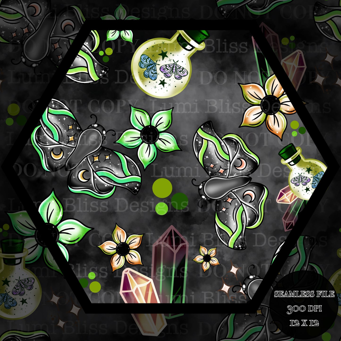 Magical Moths Green Seamless
