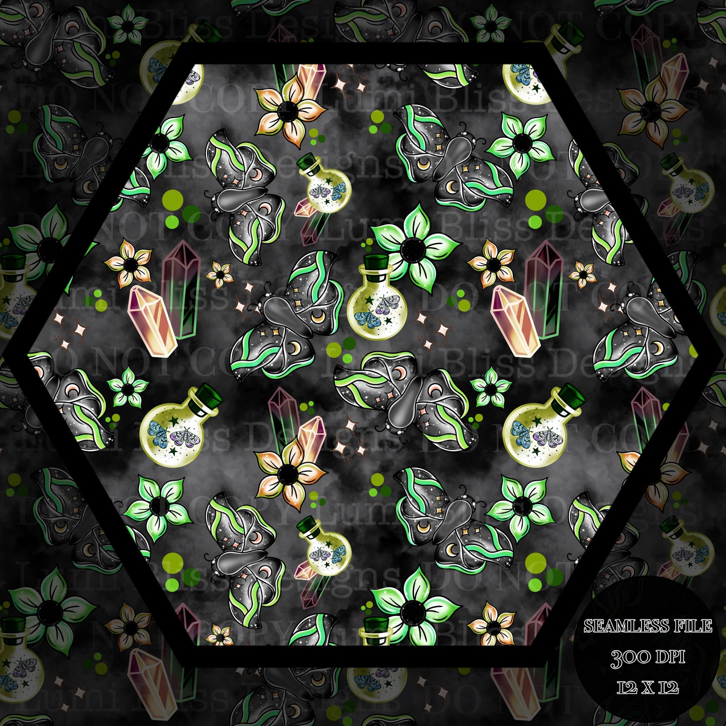 Magical Moths Green Seamless