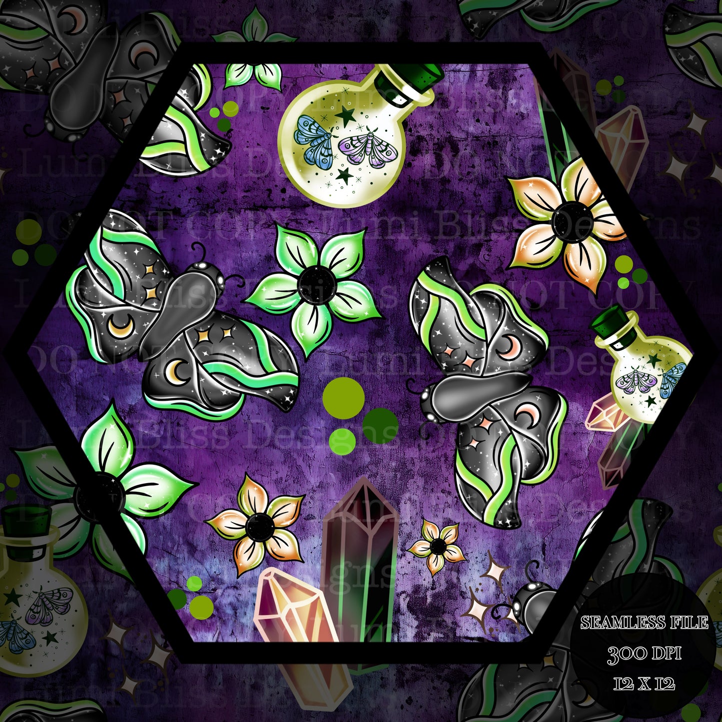 Magical Moths Green Seamless
