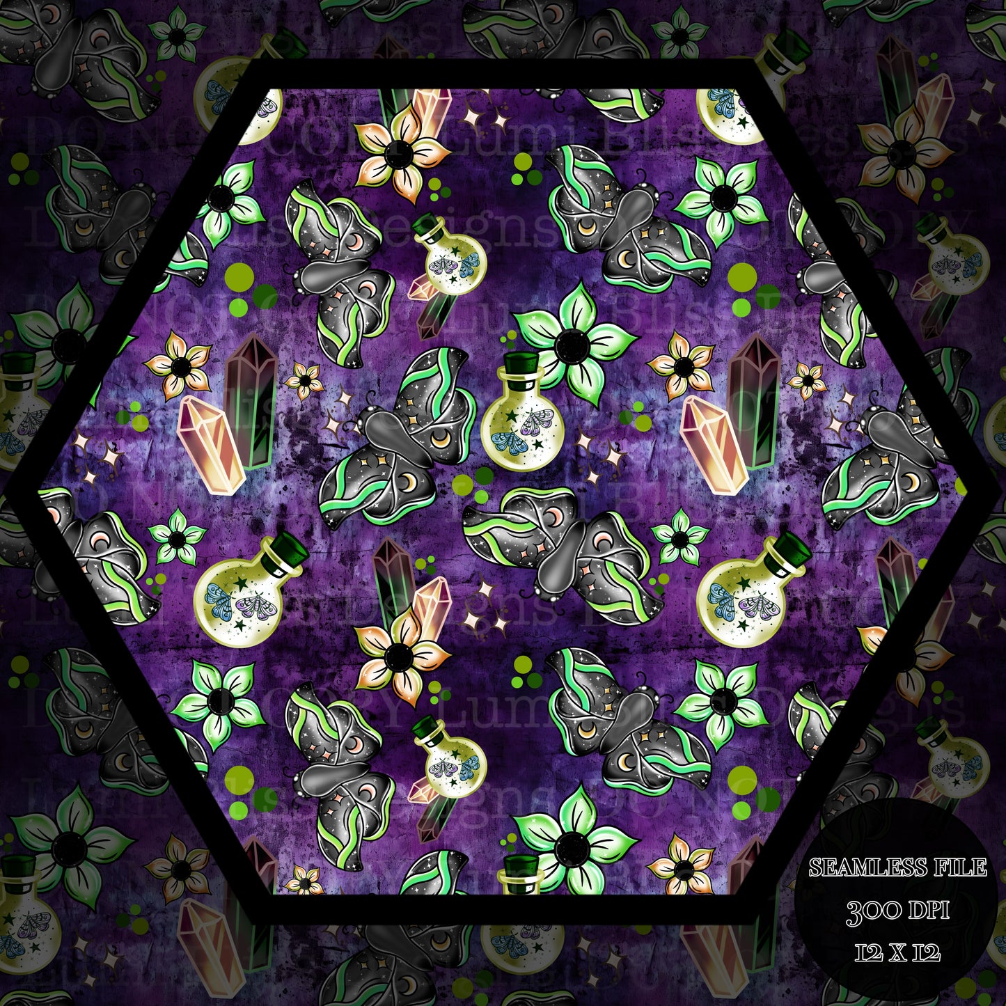 Magical Moths Green Seamless
