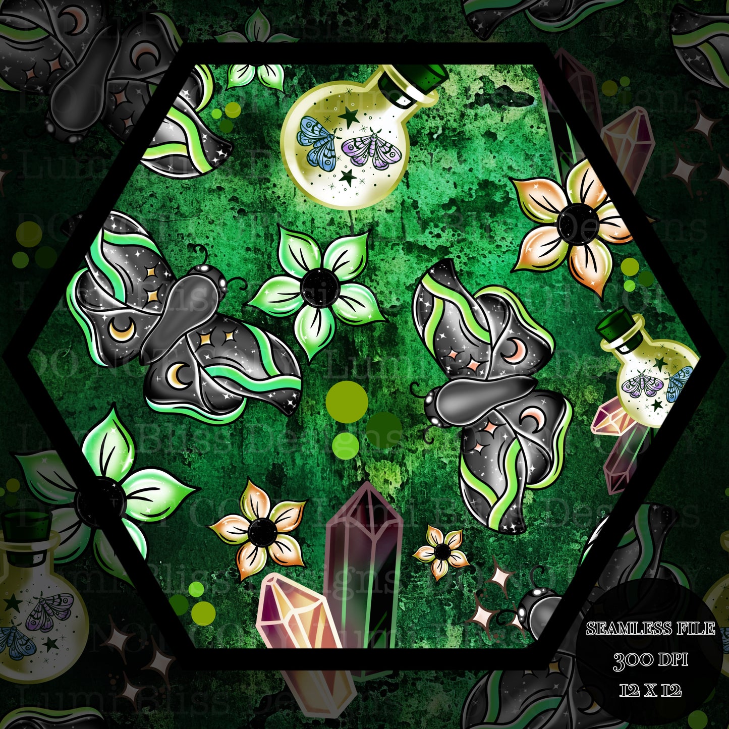 Magical Moths Green Seamless