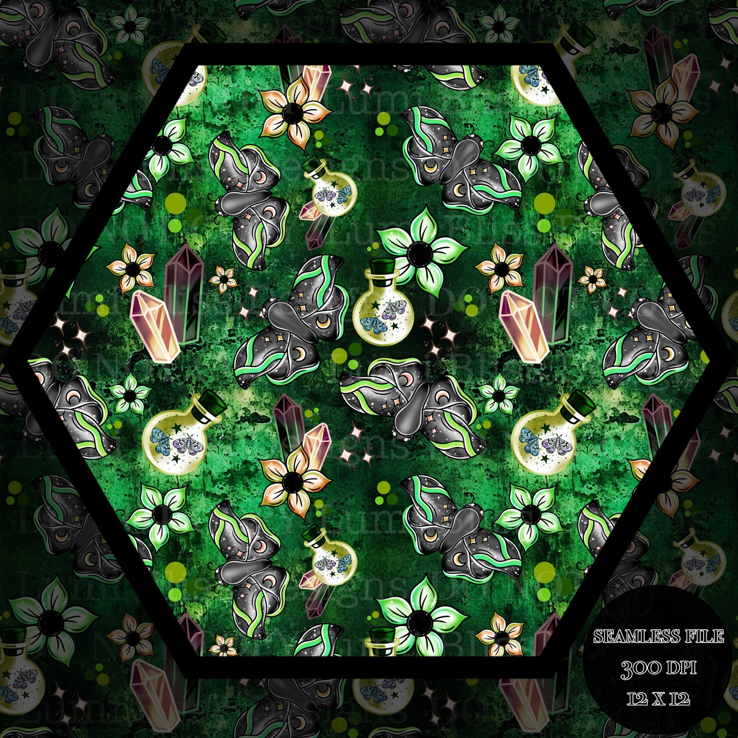 Magical Moths Green Seamless
