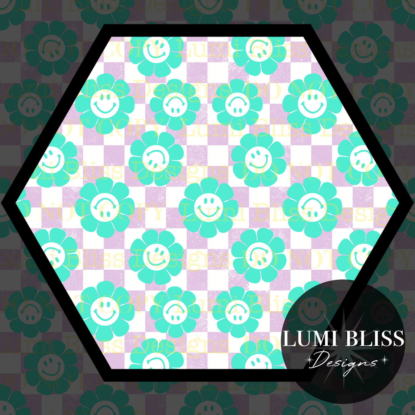 Smiley Daisy Checkers Seamless Teal/Purple