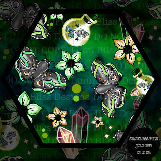 Magical Moths Green Seamless