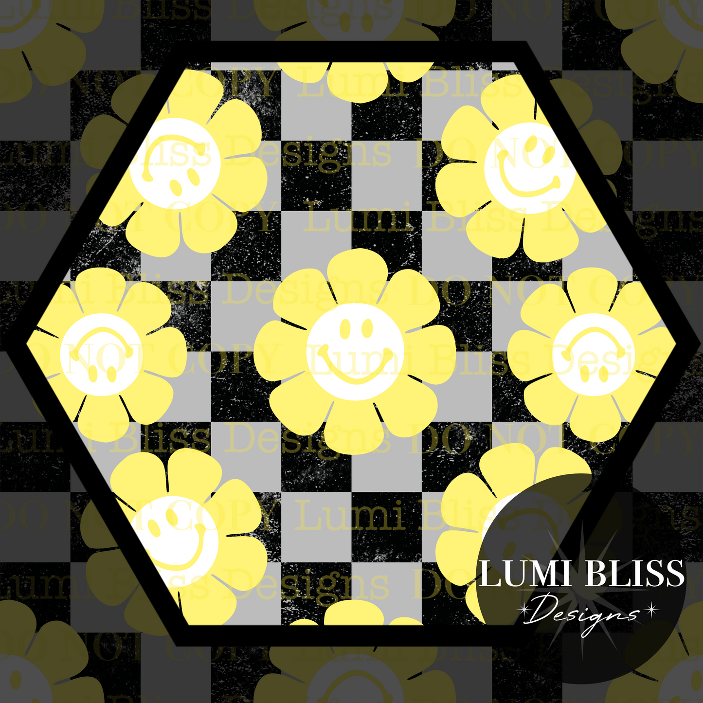 Smiley Daisy Checkers Seamless Black/Yellow