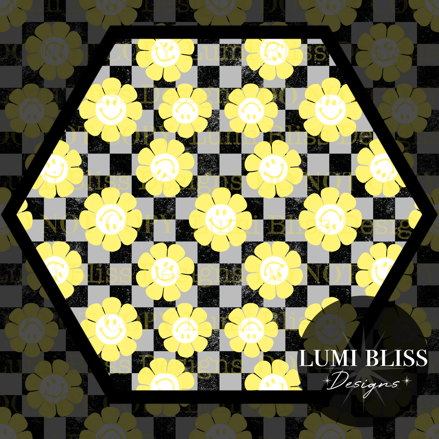 Smiley Daisy Checkers Seamless Black/Yellow