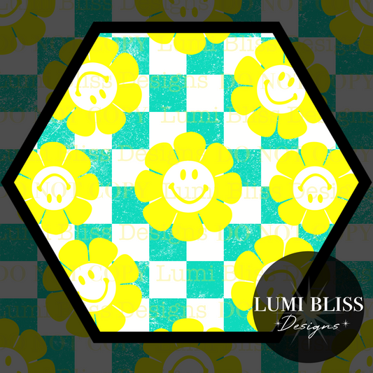 Smiley Daisy Checkers Seamless Teal/Yellow