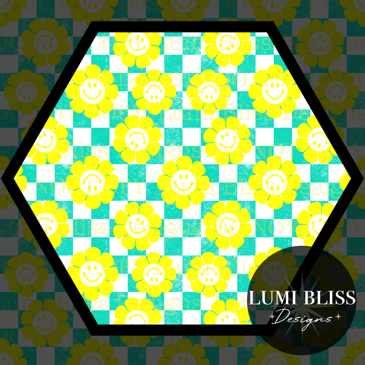 Smiley Daisy Checkers Seamless Teal/Yellow