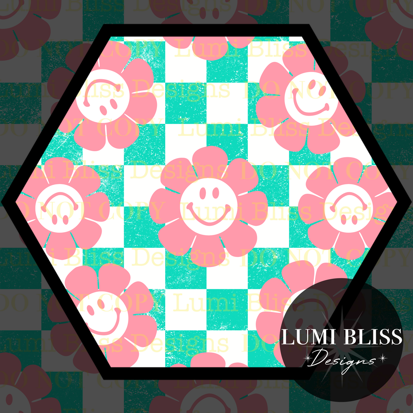 Smiley Daisy Checkers Seamless Teal/Coral