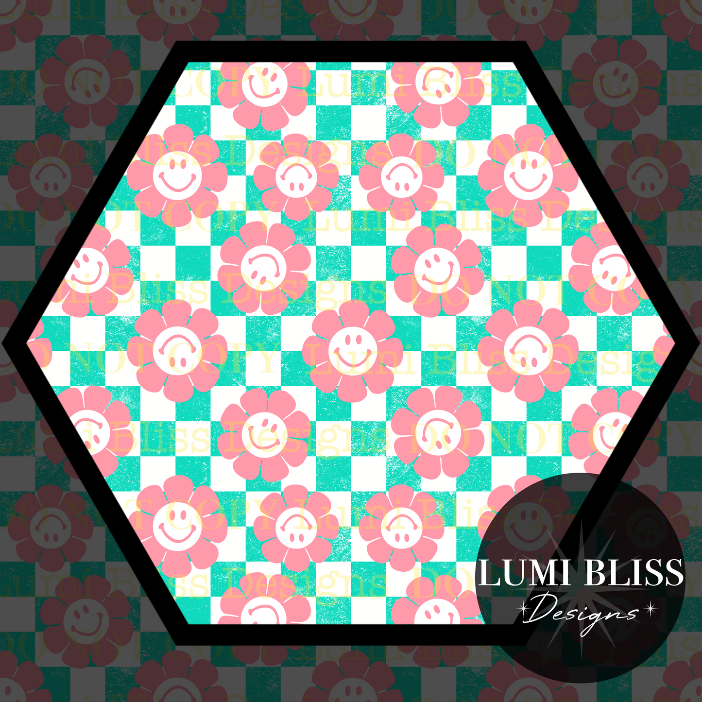 Smiley Daisy Checkers Seamless Teal/Coral