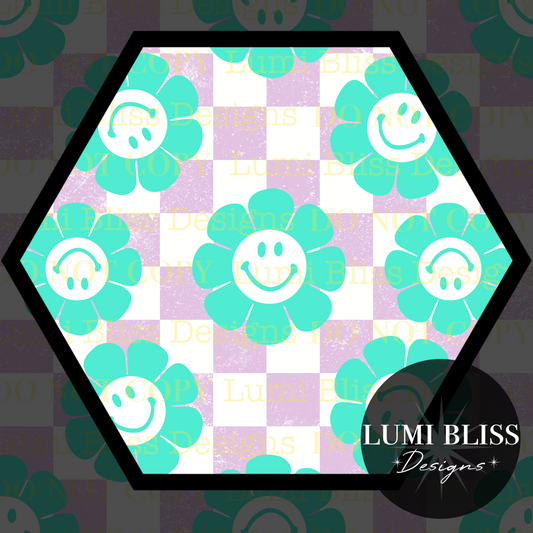 Smiley Daisy Checkers Seamless Teal/Purple