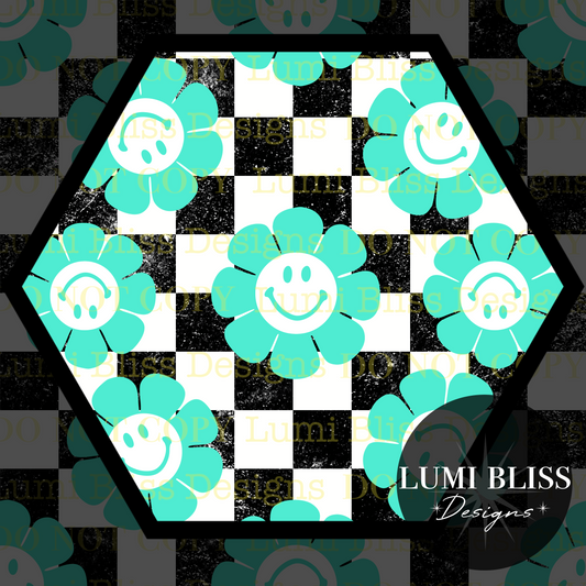 Smiley Daisy Checkers Seamless Black/Teal